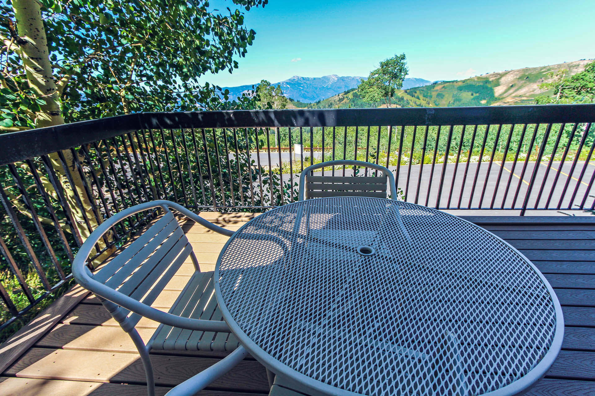 A scenic balcony view at VRI's Powder Ridge Village in Eden, Utah.